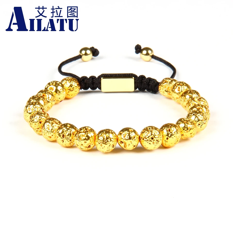 

Ailatu 8mm Natural Lava Rock Stone Braiding Macrame Bracelets for Men Gold, Silver, Rose Gold, Black Colors 10pcs/lot