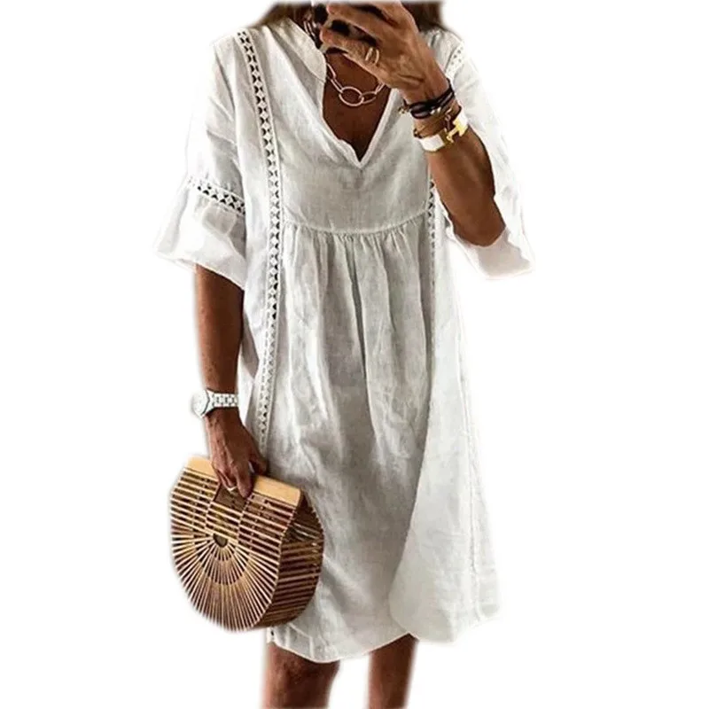 

DORVIVON summer hollow out dress women flare sleeve loose mini dresses lady sexy v-neck beach sundress robe femme plus size 3XL