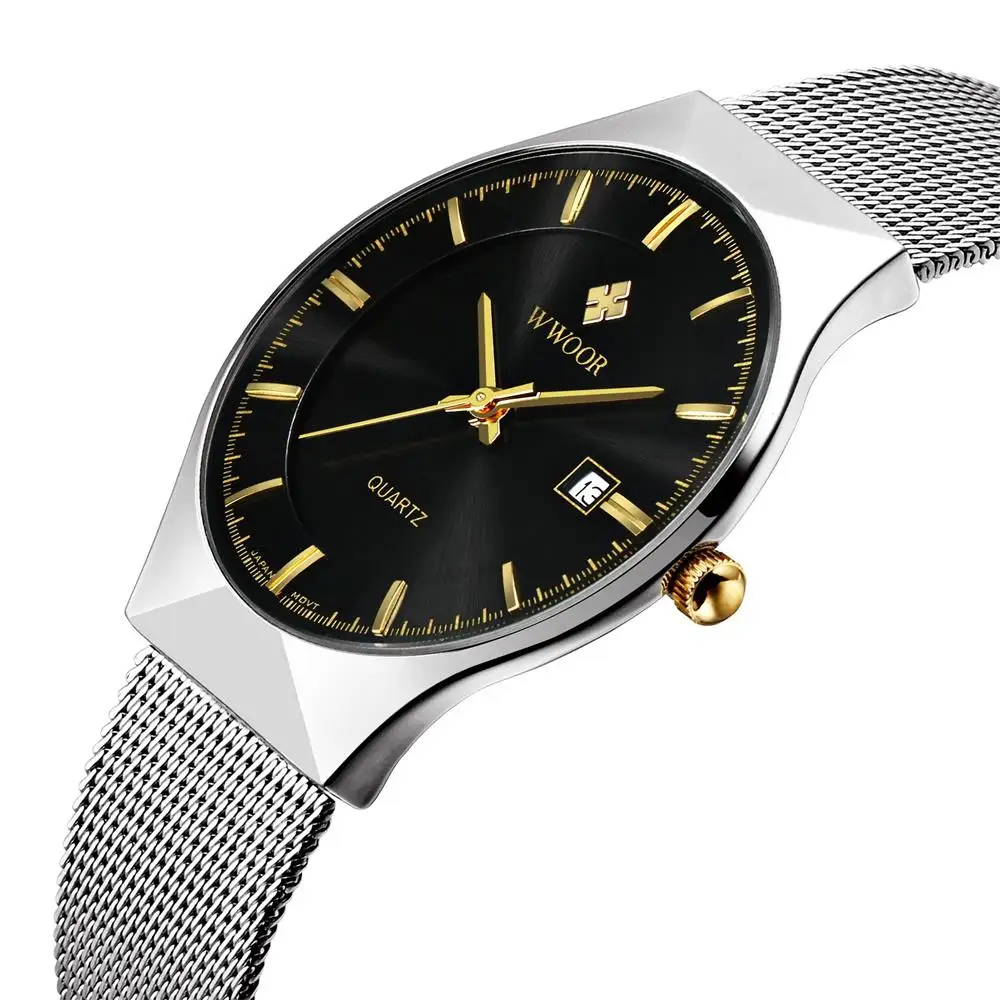 WWOOR Mens Watches Top Brand Luxury Men Stainless Steel Wristwatches Business Quartz Watch Waterproof Clock relogio