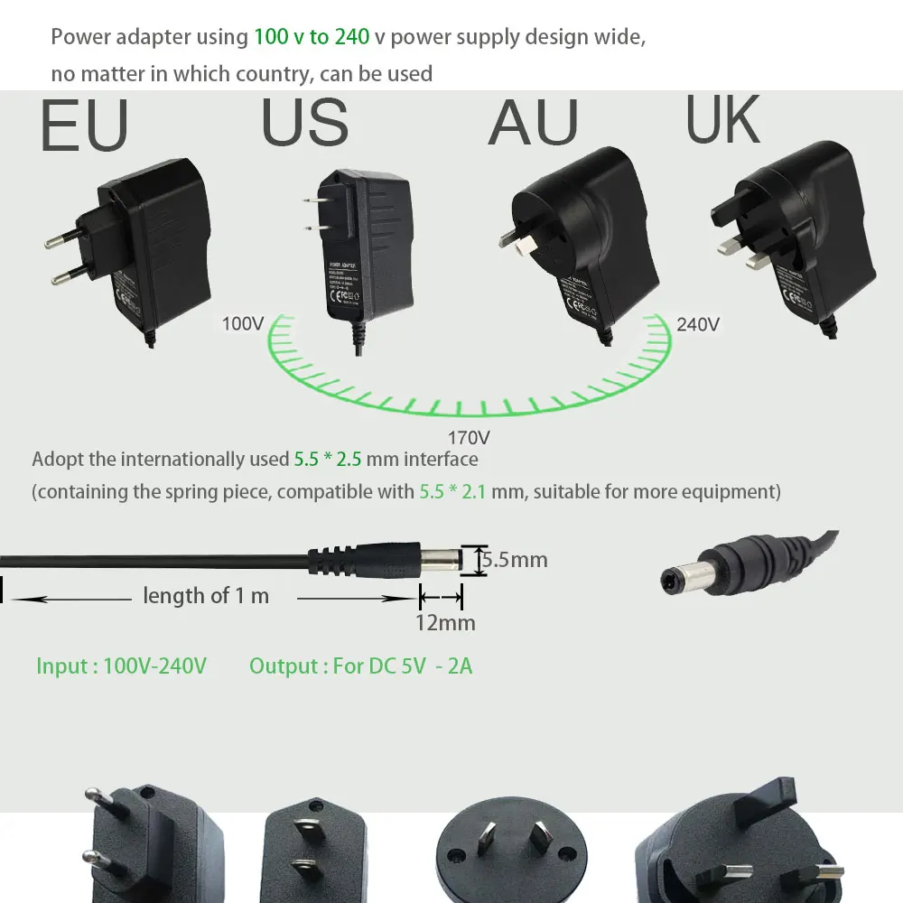 ЕС Великобритания США AU plug адаптер питания для MXQ mxqpro X96 X95 H96 tv BOX, выход DC 5V2A 2000mA Вход AC 100 V-240 V источник питания 5,5 мм