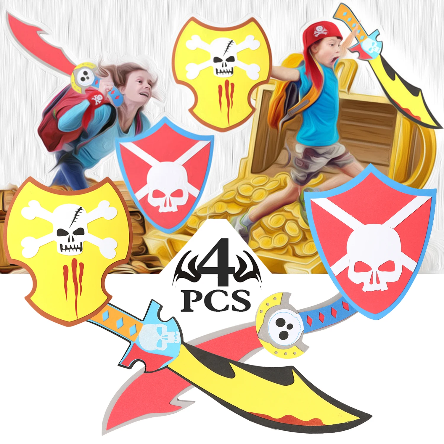 

4PCS Action Figures Assorted EVA Foam Swords and Shields Warrior Weapons Toy Model Toy Pretend Play Set for Kid Pirate Viking