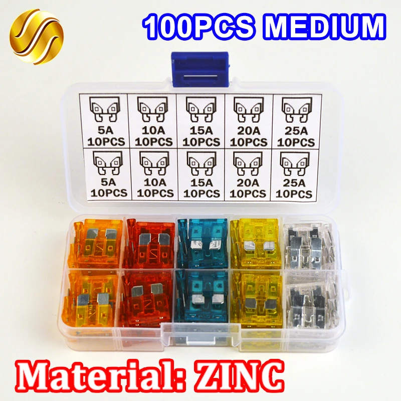 Viecar 100pcs Car Medium Fuses 5A 10A 15A 20A 25A Amp High Quality ZINC