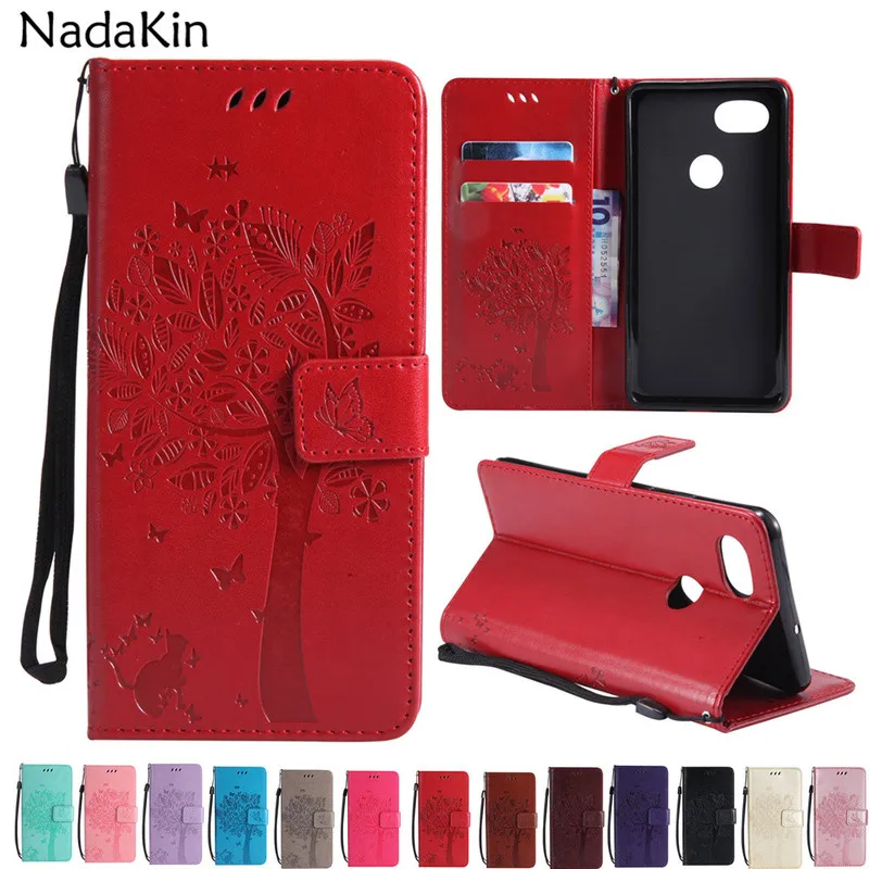 

Retro Leather Flip Case for Google Pixel 2 XL Wallet Cover Card Money Photo Slots Stand Function Cat Tree Embossed Phone Funda