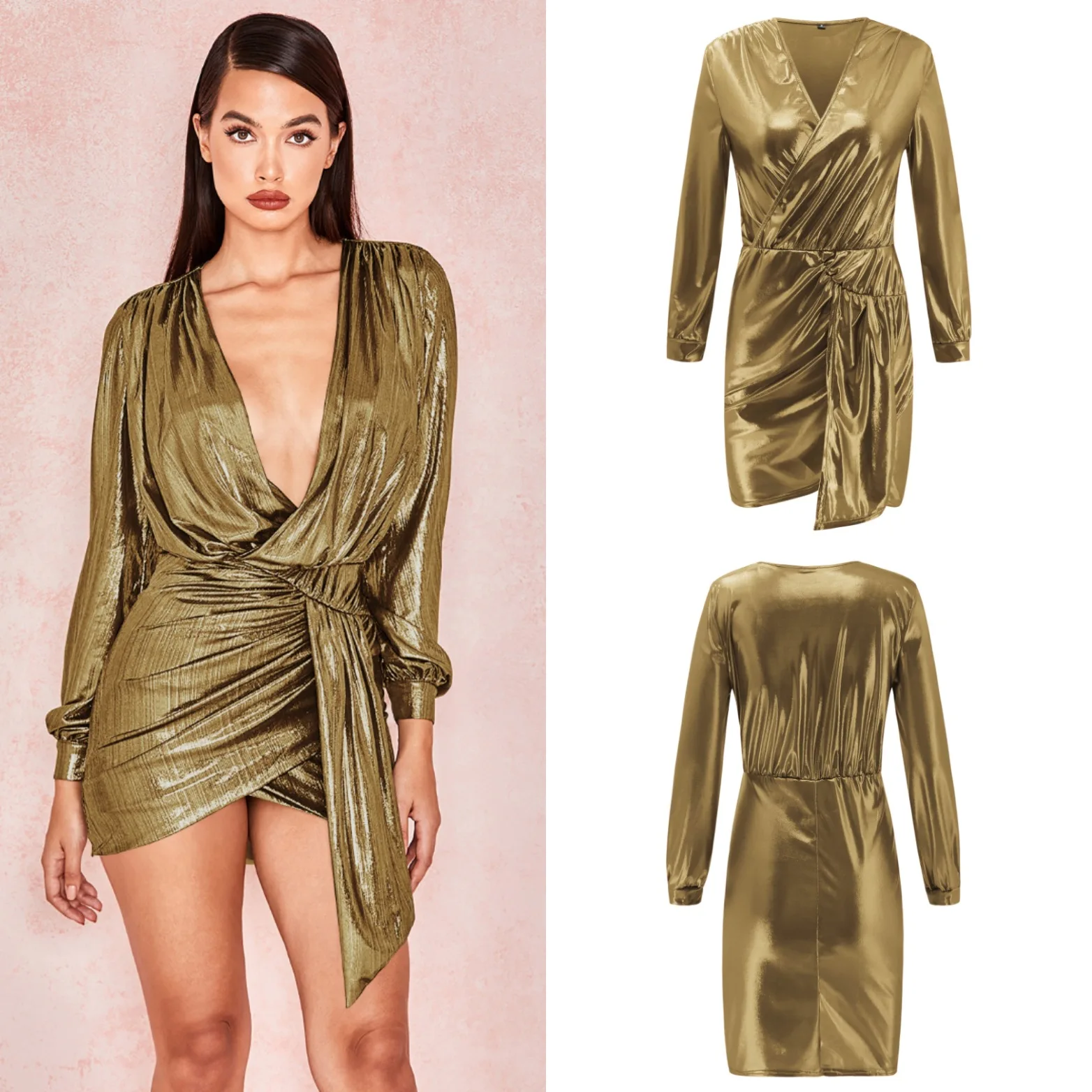 

sundresses Sexy nightclub long-sleeved V-neck pockets hip shirring irregular side bronzing fabric spring and summer sexy dress