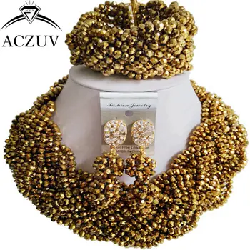 

ACZUV Women African Beads Jewelry Set Crystal Golden A12R026