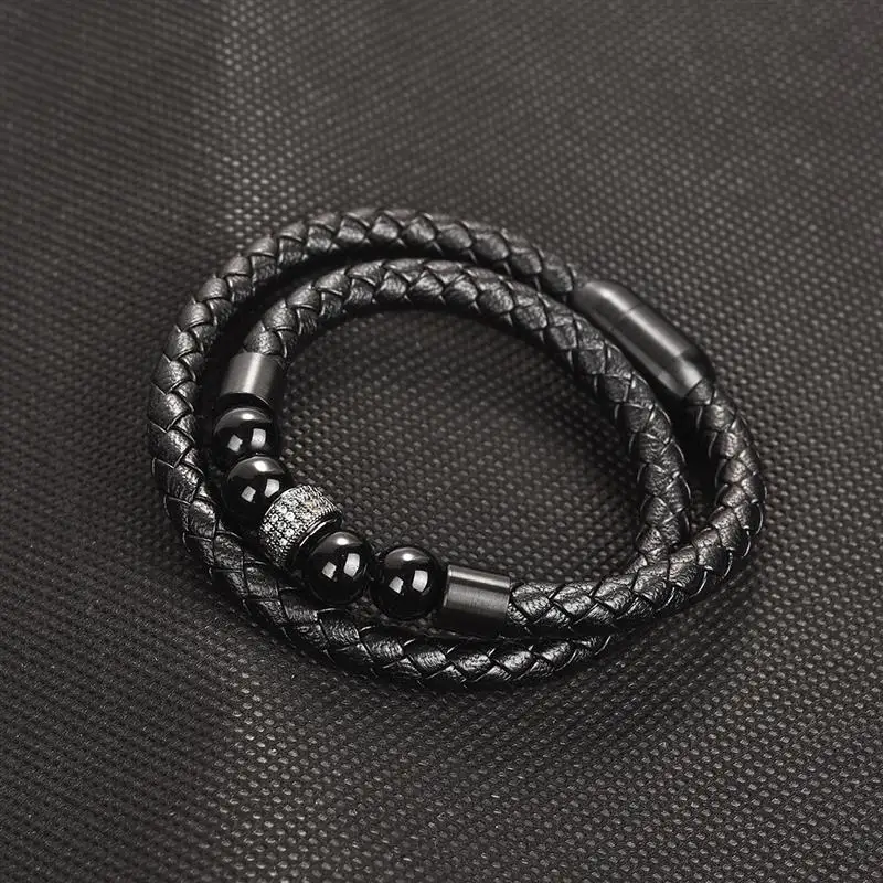 Jiayiqi New Fashion Leather Beaded Bracelet For Men Women Braided Leather Rope Bangles Natural Stone Beads Punk Rock Men Jewelry