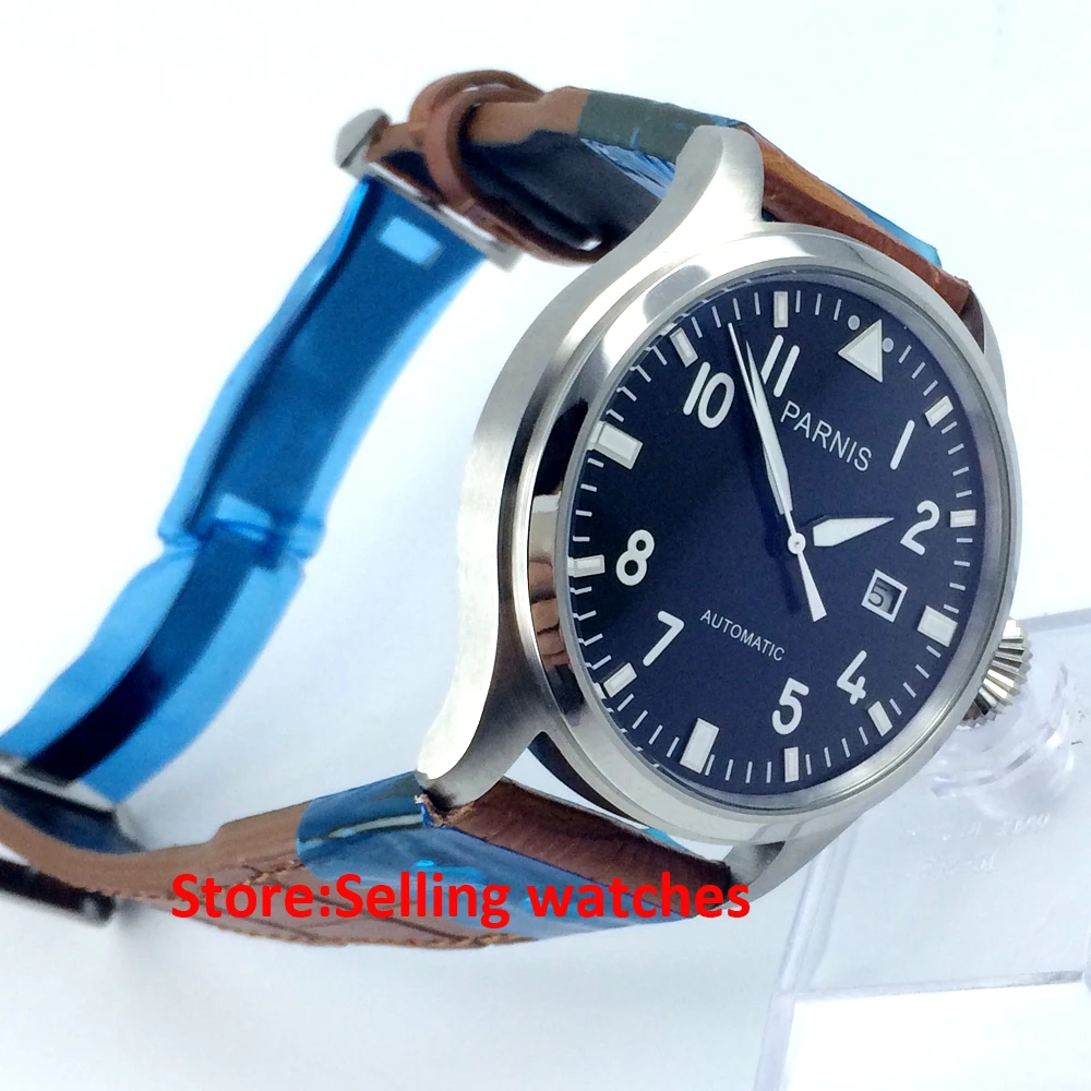 

47mm parnis black dial big crown date automatic movement mens watch