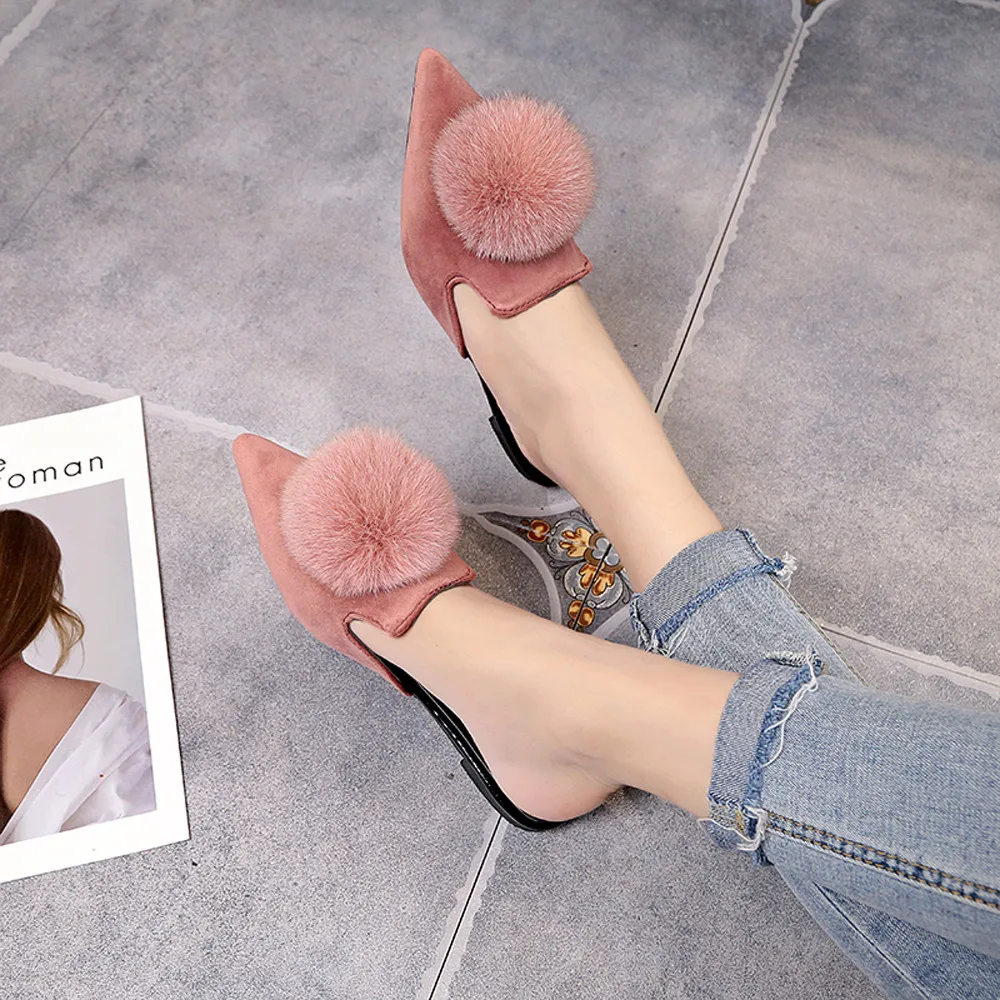 

2019 NEW Women Fashion Solid Color Hair BallPointed Toe Flat heel Sandals Slipper summer vacation flats suede Sweety shoes