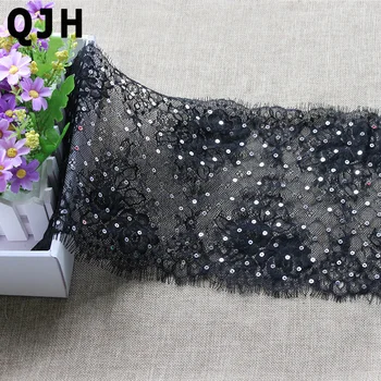 

15meters/lot QJH Black Eyelash sequined Lace Fabric DIY Decorative Nylon Eyelash Lace Trim Clothing Sewing Applique Fabric 22cm