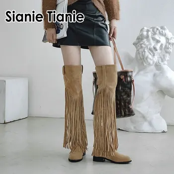 

Sianie Tianie winter autumn chunky heels cowgirl horse riding long boots over the knee thigh high boots with tassels fringes