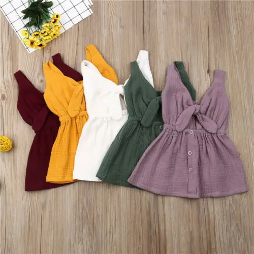 

Toddler Summer Baby Girl Dress Cotton Linen Solid Color Party Dress Cute Baby Sleeveless Lace-up Button Sundress UK