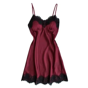 

Floral Lace Ice Silk Dress Women V Neck Removable Padded Spaghetti Strap Night Dress Femme Sexy Lingerie Nightgown Sleep Wear