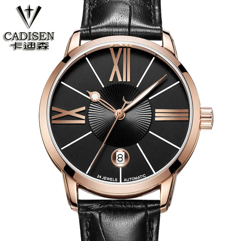 Mens Watches Top Brand cadisen 2016 Men Watch Automatic Mechanical Leather Wristwatch Business watches relogio masculino