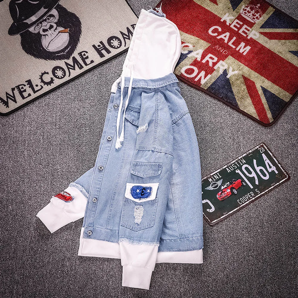 2019 New Fashion Men Denim Jackets Streetwear Retro Jean Hooded Jacket Men Male Forean Style Print Windbreaker JK18047 2019 New Fashion Men Denim Jackets Streetwear Retro Jean Hooded Jacket Men Male Forean Style Print Windbreaker JK18047
