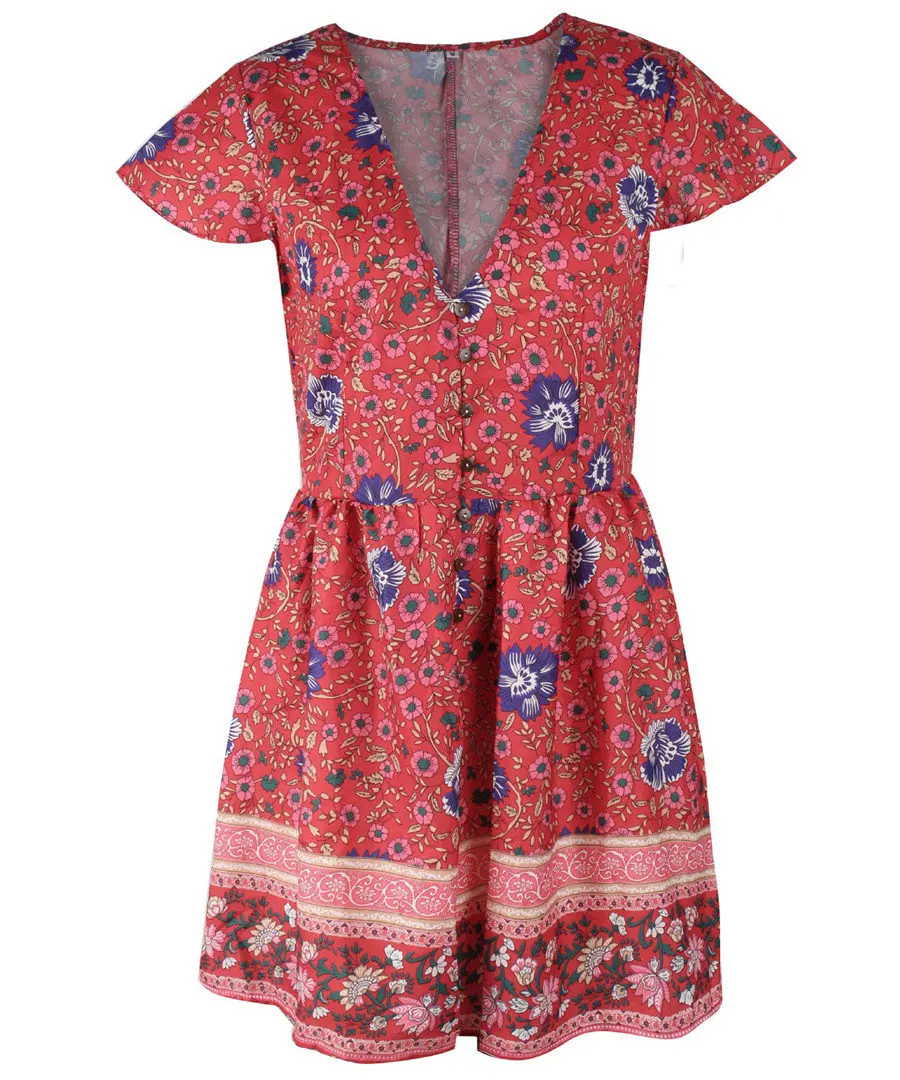Gladiolus Fashion Summer Women Dress Short Sleeve Button Deep V Neck Sexy Floral Print Mini Boho Dress 2019 Ladies Beach Dresses (36)