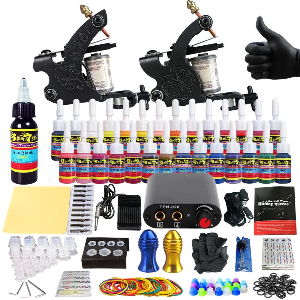 

Tattoo Sets Machine for Liner Shader Clip Cord 2 Guns New Arrival Kit Light Weight Practice Skin 28 Color Ink Sigment TK204-40