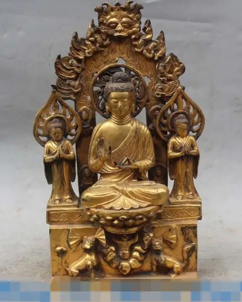 

S5137 10" Chinese Bronze Gold Gilt Seat Lotus Shakyamuni Amitabha Buddha lion Statue