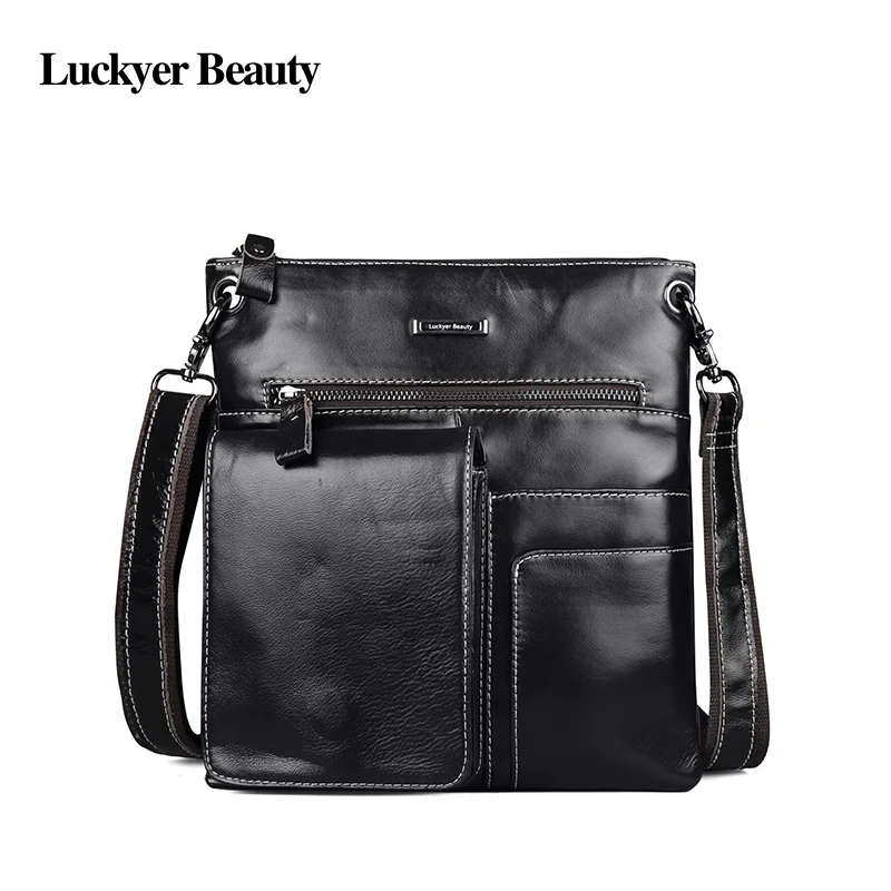 

LUCKYER BEAUTY Leather Handmade Men's Shoulder Bag Cowhide Crossbody Bag for Business Men Designer Brand Male Messenger Bags