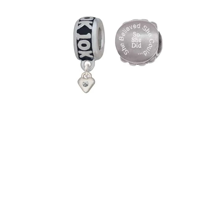 Silvertone Mini April - Clear Crystal Heart 10K Run She Believed She Could Charm Beads (Set of 2)