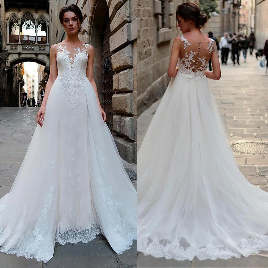 

Stunning Tulle & Lace Bateau Neckline 2 in 1 Wedding Dress With Lace Appliques & Detachable Skirt Bridal Dresses