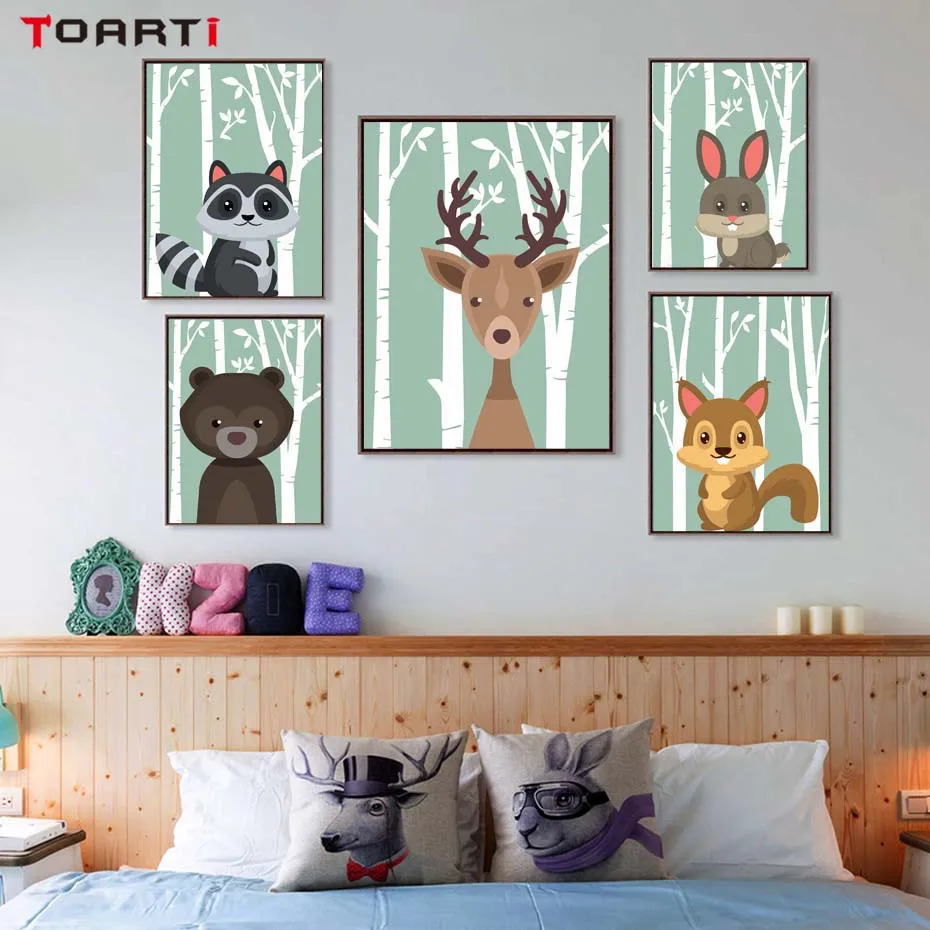 Woodland Animals Wall Art Pictures Cute Cartoon Modern Canvas Painting Nursery Vintage Posters&Prints Kids Room Home Decor Mural (5)
