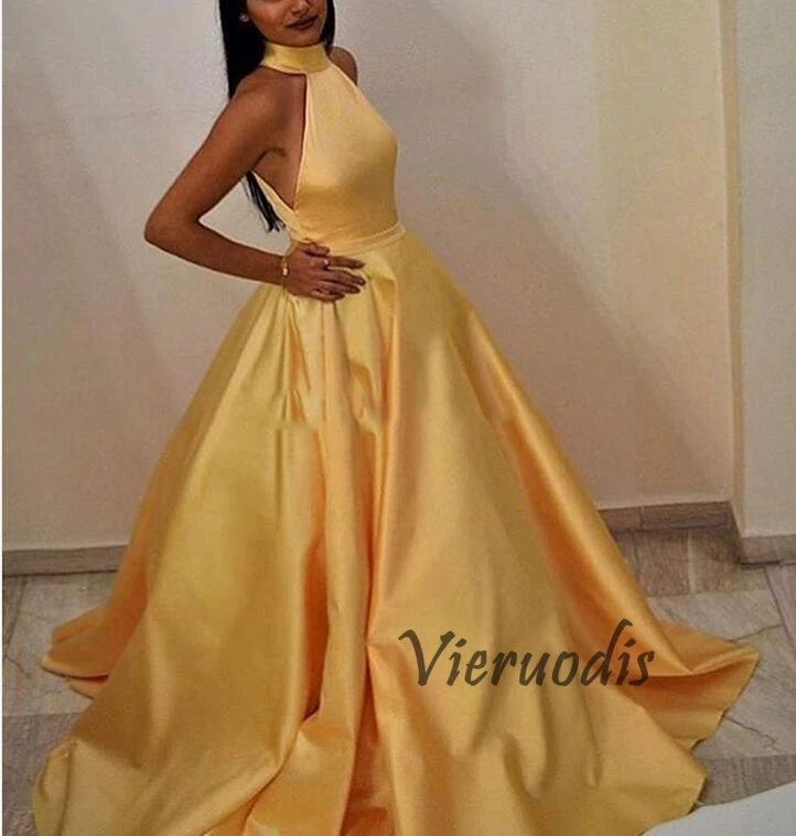 Robe De Soiree мусульманское ТРАПЕЦИЕВИДНОЕ длинное платье для выпускного вечера желтое атласное вечернее платье с высокой горловиной с
