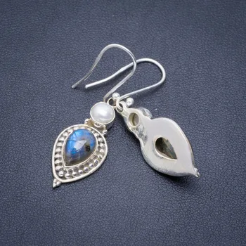 

Natural Labradorite and River Pearl Handmade Unique 925 Sterling Silver Earrings 1.75" A2153