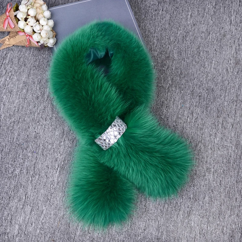 green Натуральный Лисий мех женские зимние модные шарфы теплый шарф поддельные воротник рубашки леди элегантный темперамент Аксессуары Шаль TKS005-black - Цвет: green