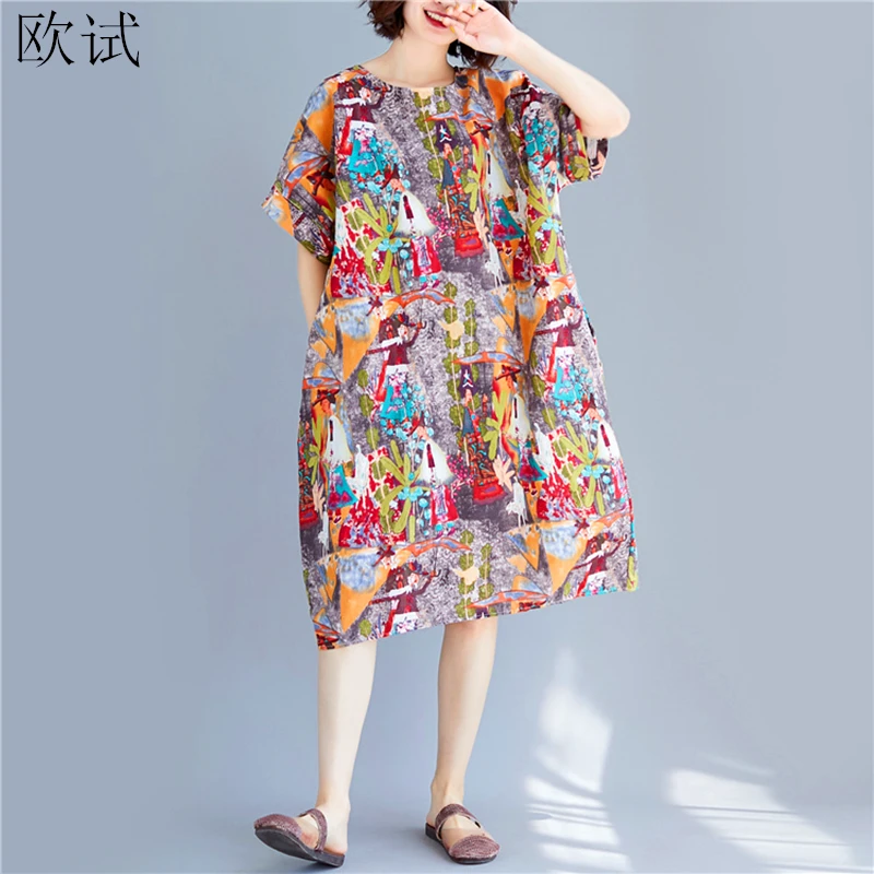 

Plus Size Cotton Linen Ethnic Floral Print Dress Vintage Loose Casual Long Dresses Women Summer Abstract Dress Robe 4XL 5XL 2019