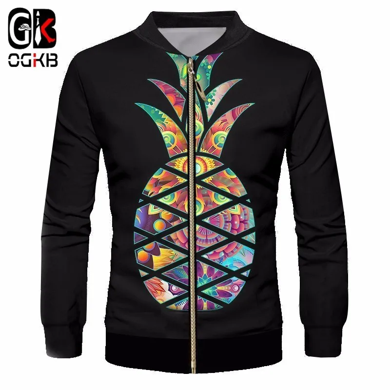 

OGKB Black Jackets Coat Spring Fall Men's Funny Print Pineapple 3D Zip Jackets Man Bodyubilding Fintess Casual Outwears Uniforms