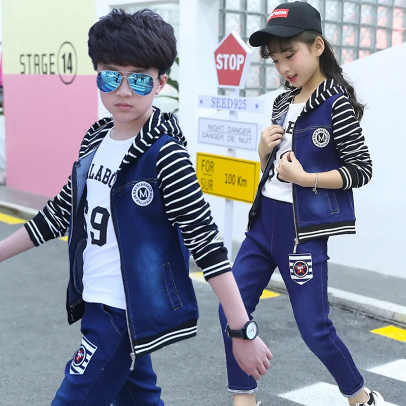

2019 Kids Clothing Set Girls Denim Stripe Jacket With Hoodies Boys Clothing Sets Autumn Winter Children Clothing Set Long Sleeve