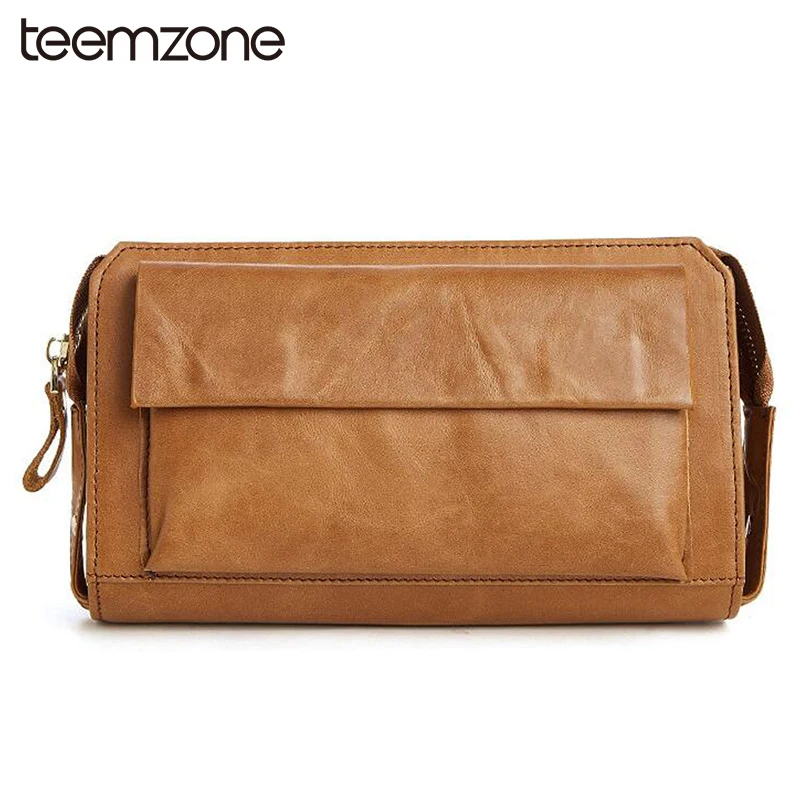 

teemzone Oil Wax Genuine Leather Clutch Zipper Long Wallet Casual Men Clutch Bag Leather Men Wallet Male Phone Wallet S3377