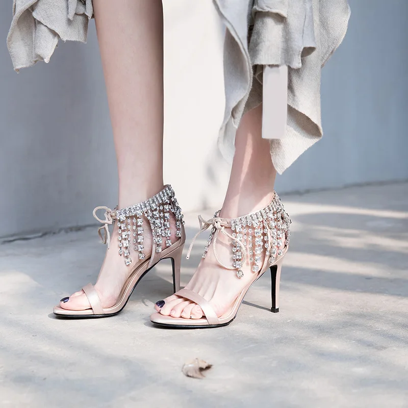 

Summer 2018 High Heels Stilettos Crystal Rhinestone Fashion Sandals 9cm Fringe Woman Shoes For Ladies Wedding Party Cover Heels
