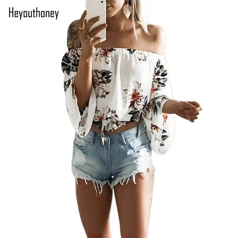 

3 colors Off Shoulder Blouse Women Crop Top Floral Print Flare Sleeve Femme Plus Size Shirts Sexy Blusas Boho Beach Tops XS-3XL