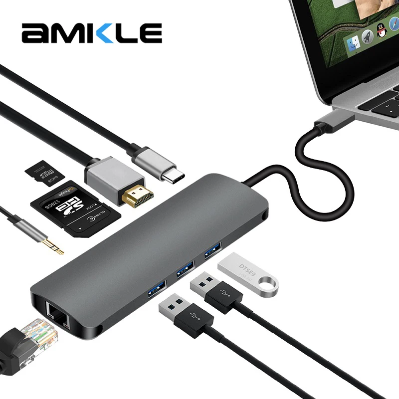 

Amkle USB C Type C 3.1 HUB to HDMI RJ45 Gigabit Ethernet Adapter 3.5mm Audio With Type C PD SD TF Card Reader Hub For Macbook