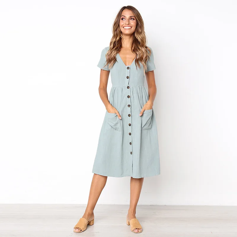 

2019 Fashion Spring Summer Dress Women Vestidos Plus Size Sexy Casual Loose Vintage Dress Blue Pink Elegant V Neck Office Dress
