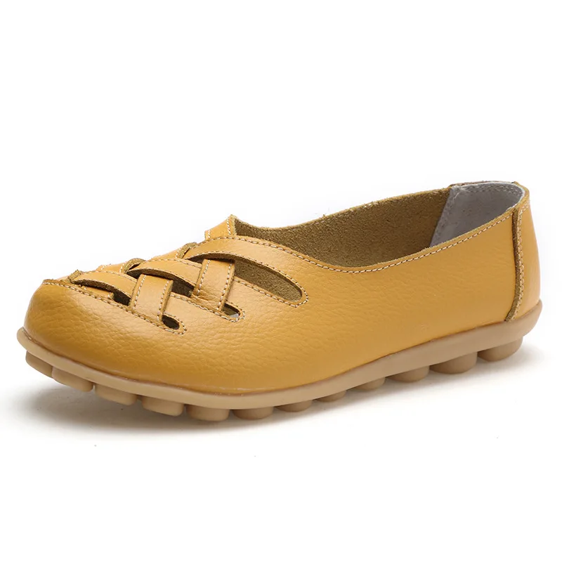 Летние женские босоножки Обувь новая женская мода Разделение Кожаные Мокасины выдалбливают мягкая подошва медсестра рабочая обувь на плоской подошве - Цвет: Yellow