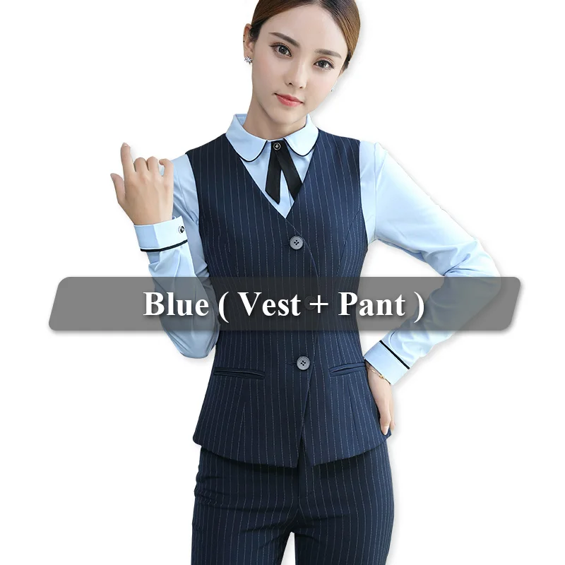 Lenshin комплект из 2 предметов синий полосатый брючный костюм для женщин без рукавов жилет и брюки Офис Леди Бизнес официальная одежда - Цвет: Blue 2 Piece Suits