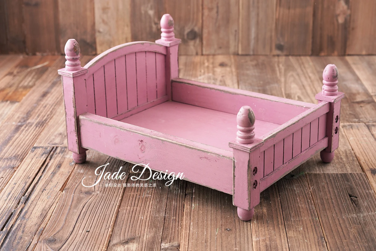Детские Оригинальные ретро маленькие деревянные кровати новорожденные фотографии реквизит аксессуары для студии реквизит - Цвет: Розовый