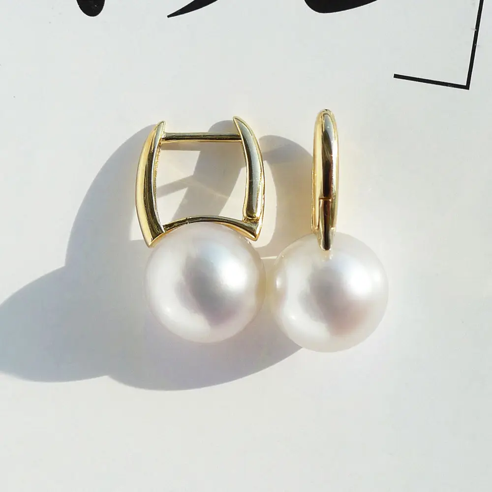 

9-9.5mm Natural White Real Freshwater Pearl Drop Earrings 14K Yellow Gold