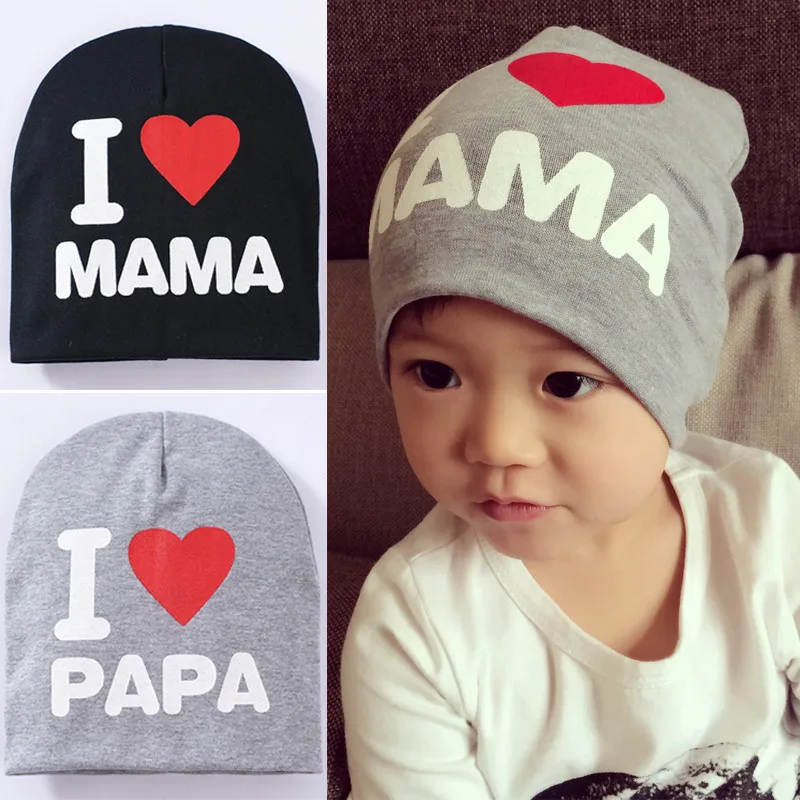 Весенне-осенняя вязаная теплая хлопковая Шапка-бини для малышей, для маленьких мальчиков и девочек, с принтом «I LOVE PAPA MAMA», детские шапки