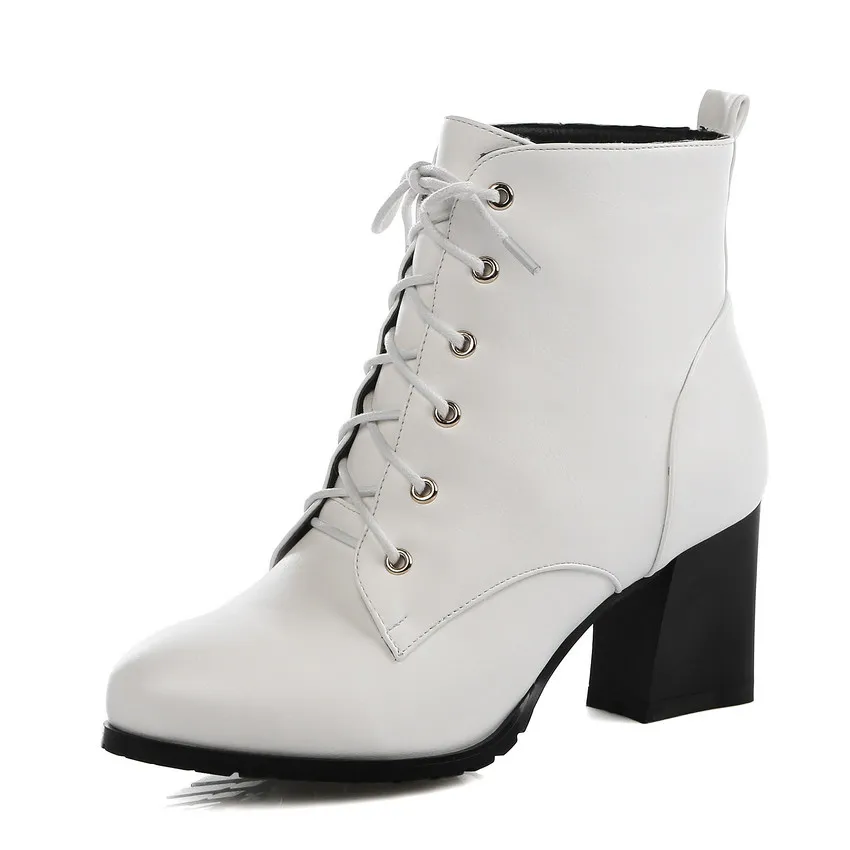 QUTAA/ г. Женские ботильоны модная обувь с острым носком, на шнуровке, из искусственной кожи, на платформе, на высоком квадратном каблуке женские ботинки большой размер 34-43 - Цвет: Белый