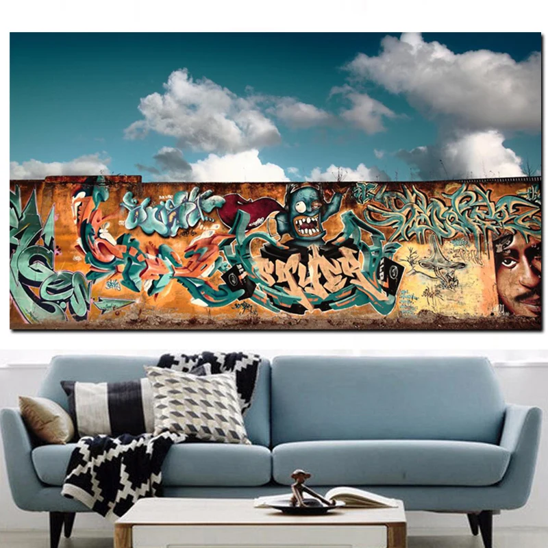 Graffiti Background White Clouds Giclee Print on Canvas Painting Modern Pop Art Wall Picture for Living Room Home Cuadros Decor