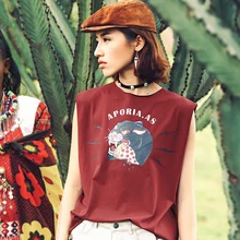 Новые летние Для женщин Краткое Повседневное Свободные животных печати o-образным вырезом без рукавов полностью хлопковые цвет красного вина жилет футболки