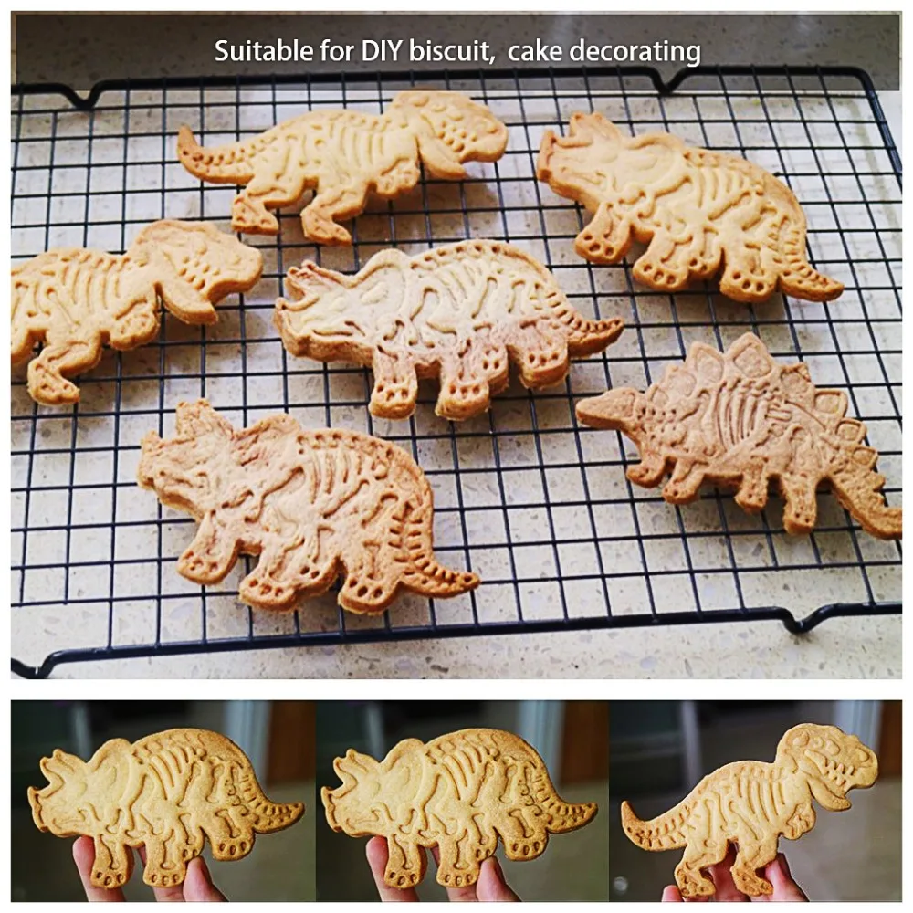 Jurassic Dinosaur Cookie Molds 3 Dinosaur Fossil Cookie Cutters Set Of 6Pcs PVC Stegosaurus Tyrannosaurus Rex Triceratops Molds (6)