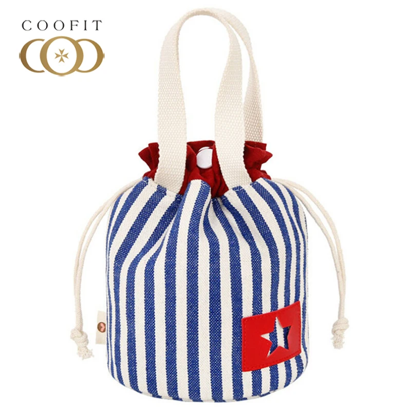 

coofit Stylish Women Drawstring Tote Bag Stripe Pattern Hand Bags Girls Canvas Patch Portable Handbag For Travling Shopping
