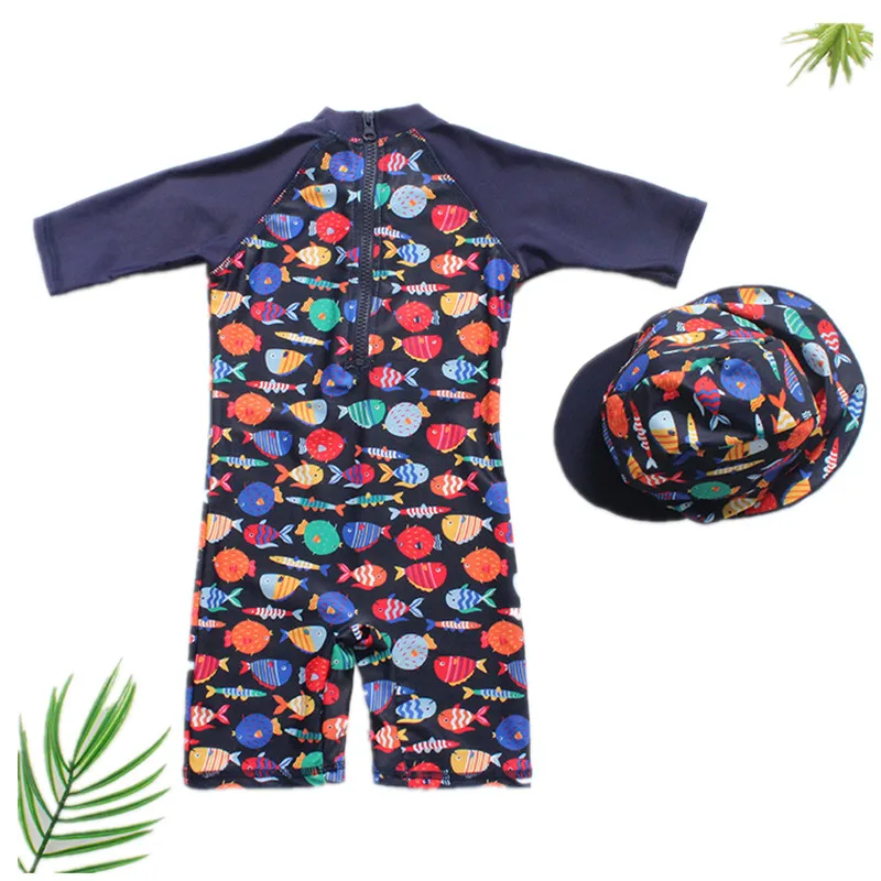 

Funfeliz One Piece Swimwear for Boys Children Bathing Suit Cartoon Fish Swimming Suit with Swimming Cap 2018 Cute Boys Swimwear
