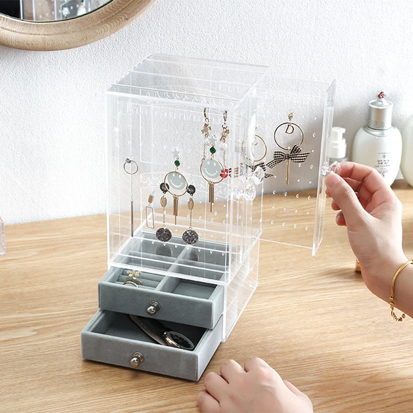 

Large Capacity Acrylic Jewelry Storage Box Earring Necklace Stand Display Organizer Holder with 3 Vertical Drawers & 2 Drawers