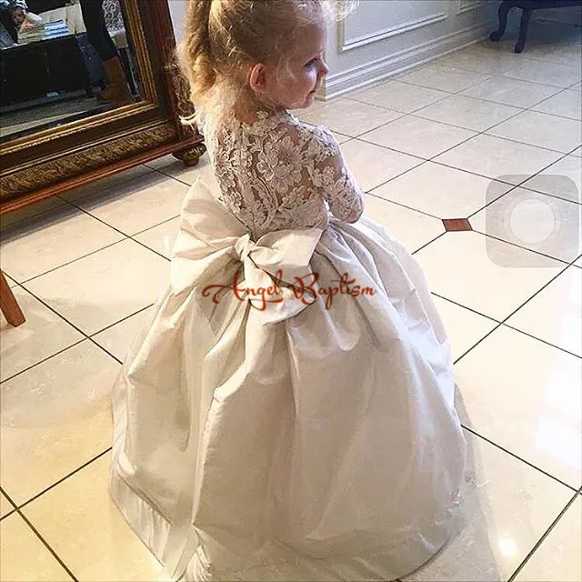 Glamorous white/ivory sheer lace long sleeves first communion dress ball gown wedding formal occasion flower girl dresses