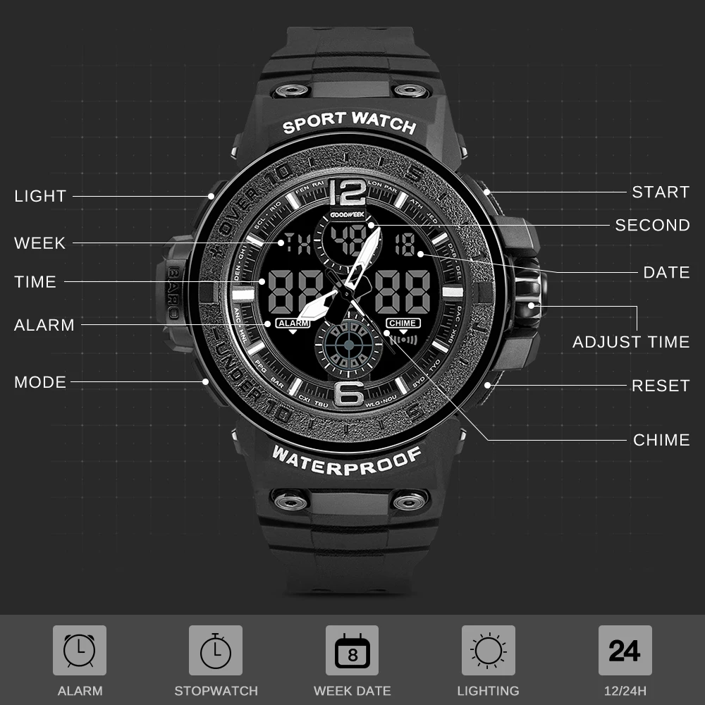  GOODWEEK Military Men Sports Watches Waterproof Men's Led Quartz Watch Multifunctional Dual Display